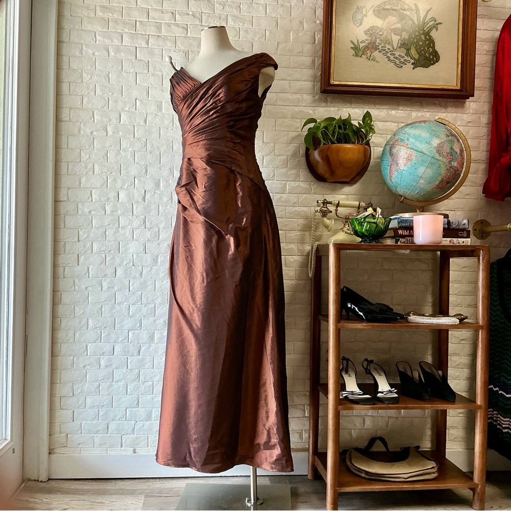 Symphony of Venus Liquid Metallic Copper Ornately Ruched Gathered Bodice Gown